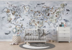 Blue Animal World Map Wallpaper : Watercolour Safari Kids Mural