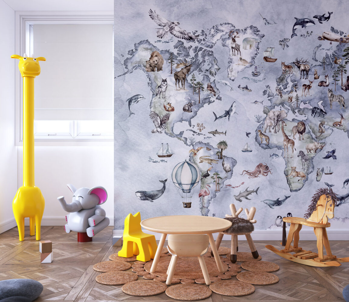 Blue Animal World Map Wallpaper : Watercolour Safari Kids Mural - View 3