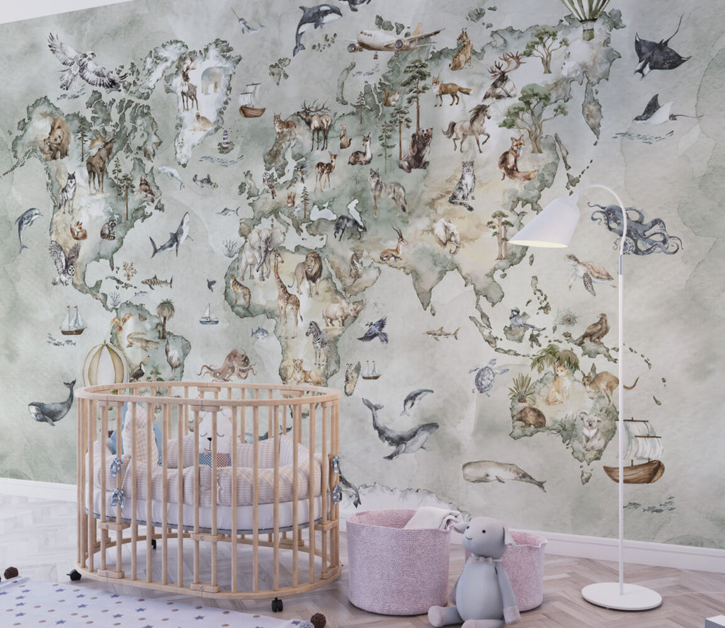 Animal World Map Wallpaper : Soft Mint Kids Atlas Mural - View 3