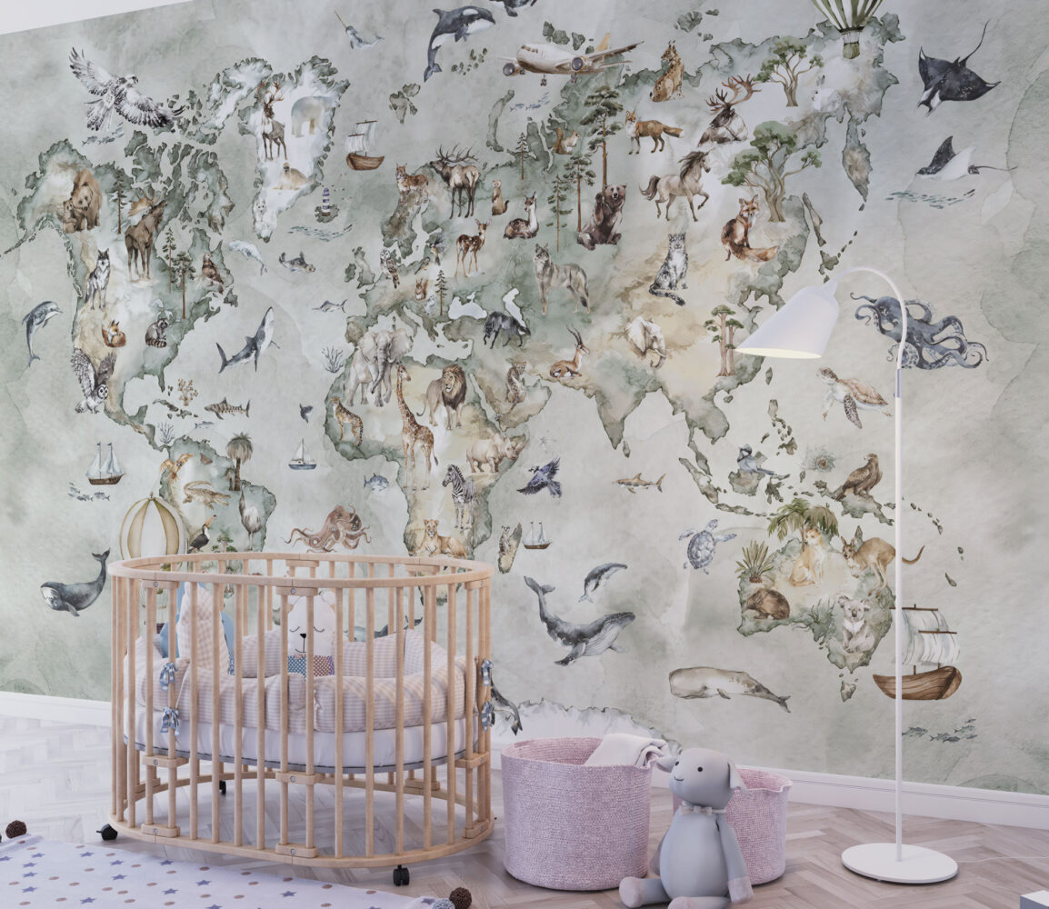 Animal World Map Wallpaper : Soft Mint Kids Atlas Mural - View 3
