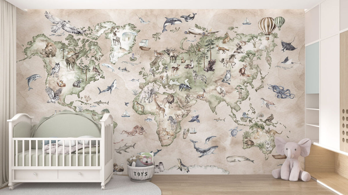 Cream Animal World Map Wallpaper : Sage Watercolour Safari Mural - View 3