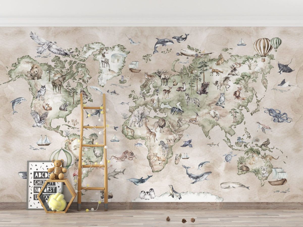 Cream Animal World Map Wallpaper : Sage Watercolour Safari Mural