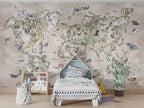 Cream Animal World Map Wallpaper : Sage Watercolour Safari Mural - View 4