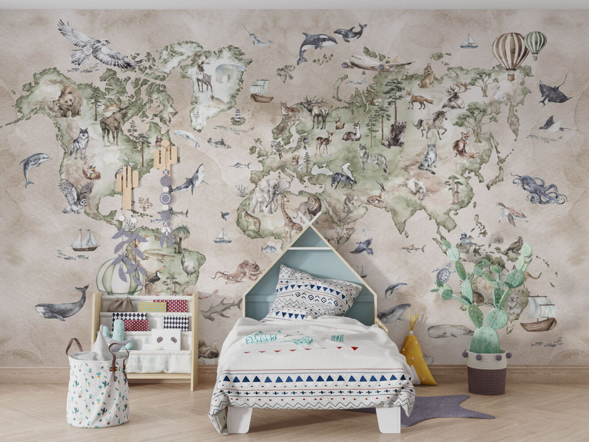 Cream Animal World Map Wallpaper : Sage Watercolour Safari Mural - View 4