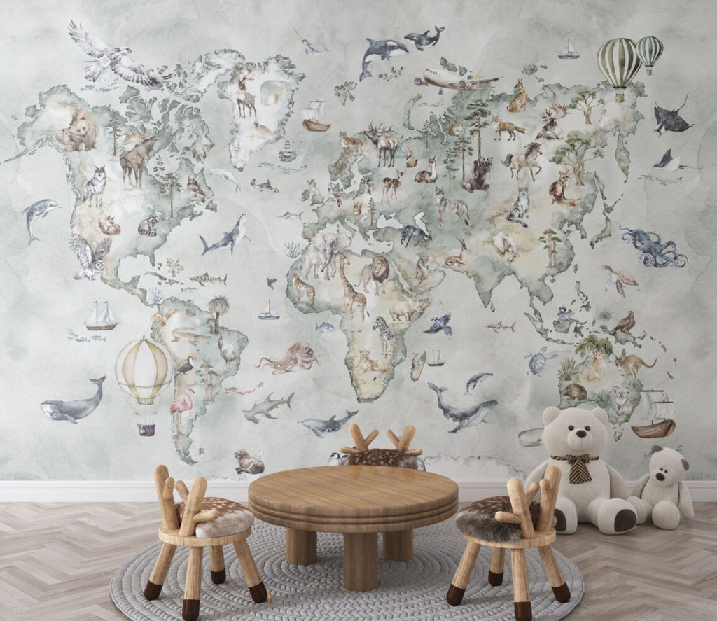 Animal World Map Wallpaper : Soft Mint Kids Atlas Mural