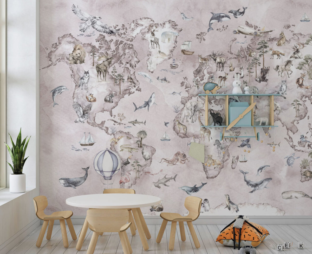 Pink Animal World Map Wallpaper : Blush Watercolour Safari Mural - View 3