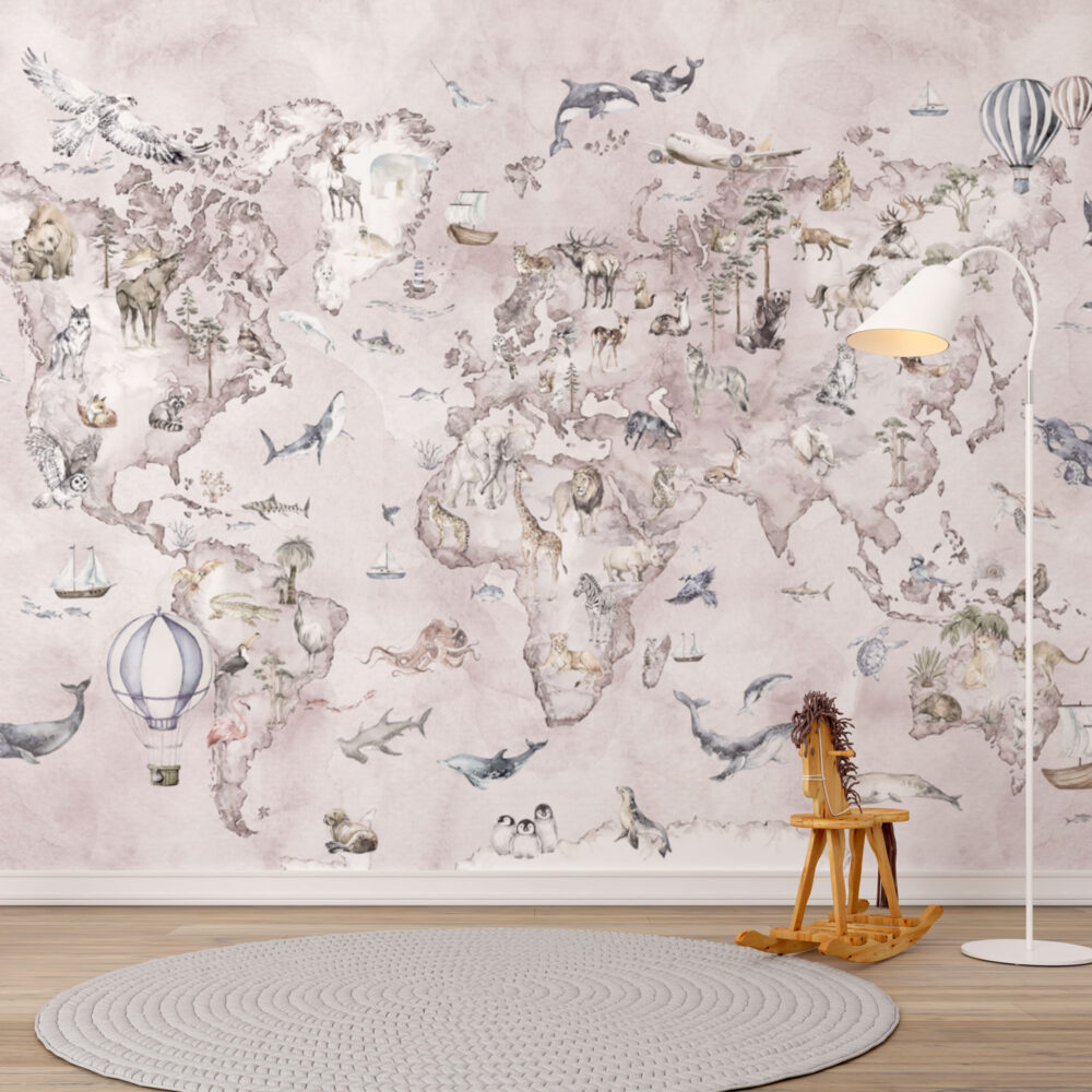 Pink Animal World Map Wallpaper : Blush Watercolour Safari Mural
