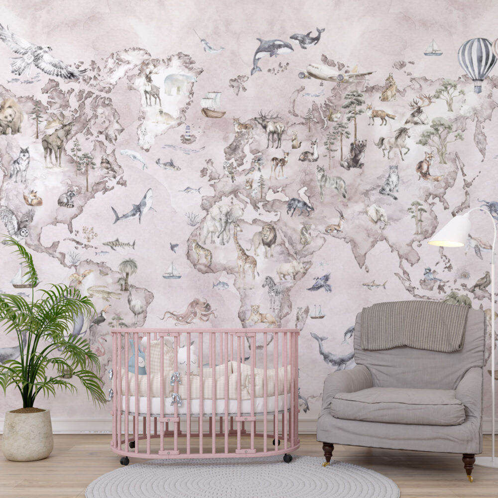 Pink Animal World Map Wallpaper : Blush Watercolour Safari Mural - View 4