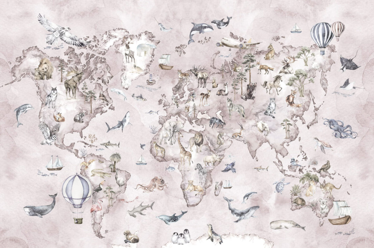 Pink Animal World Map Wallpaper : Blush Watercolour Safari Mural - View 2