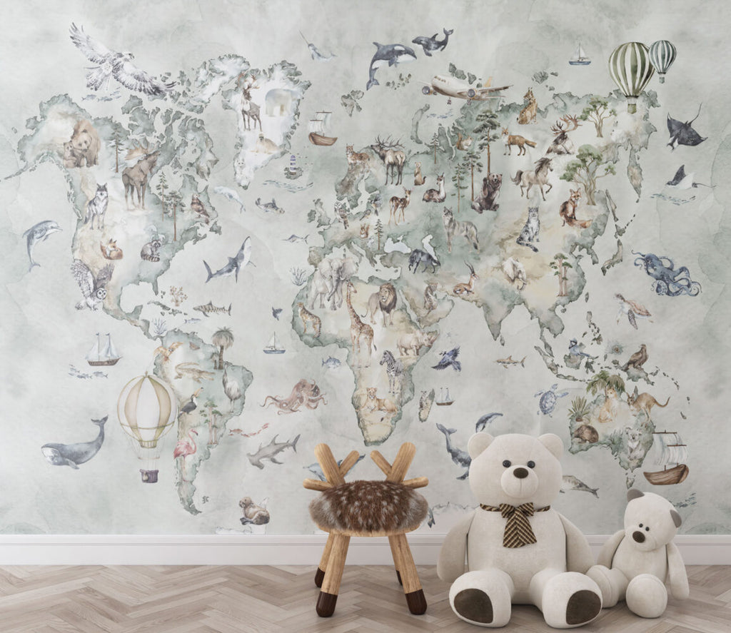 Animal World Map Wallpaper : Soft Mint Kids Atlas Mural - View 2