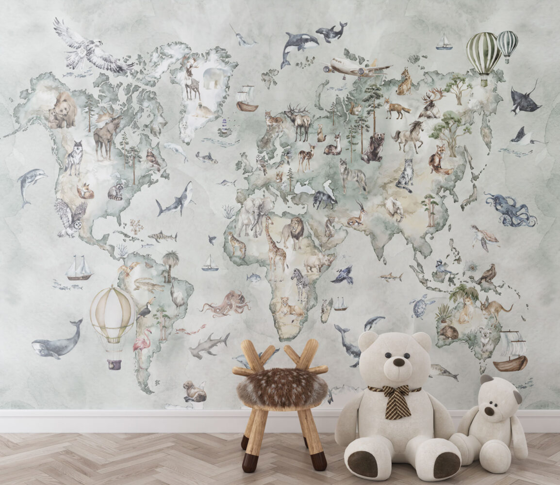 Animal World Map Wallpaper : Soft Mint Kids Atlas Mural - View 2