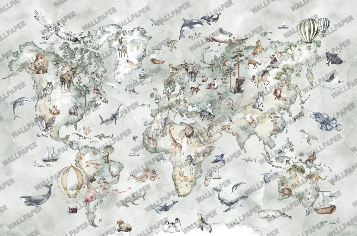 Animal World Map Wallpaper : Soft Mint Kids Atlas Mural - flat design