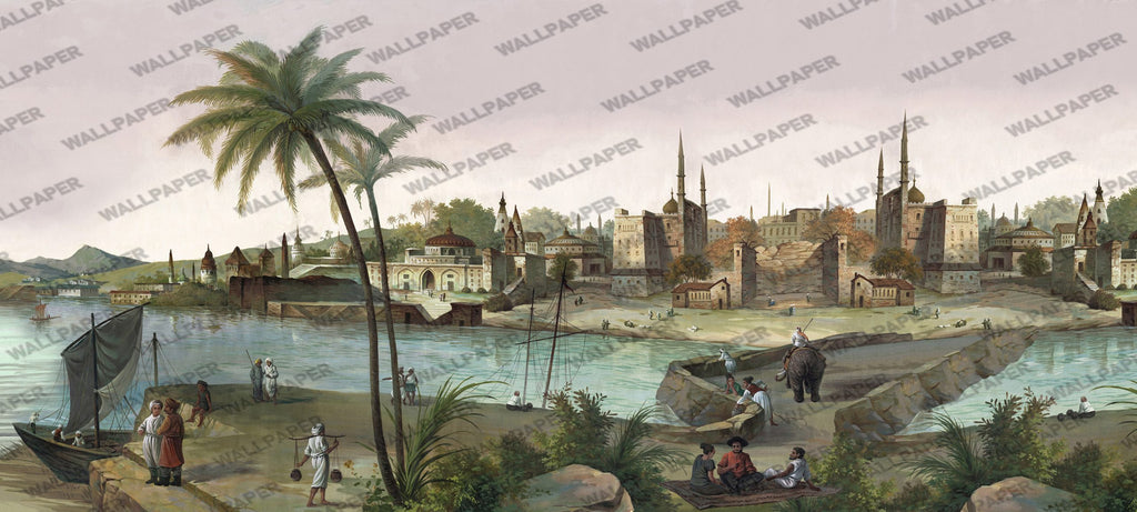 Lakeside Village Wallpaper : Vintage Mediterranean Town Mural - View 2