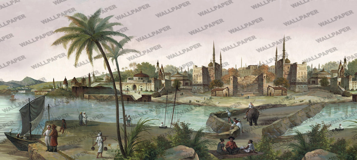 Lakeside Village Wallpaper : Vintage Mediterranean Town Mural - View 2