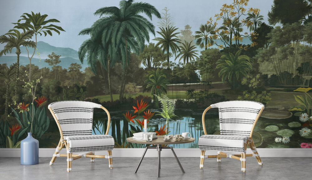 Tropical Lake Forest Wallpaper : Vintage Palm Jungle Mural - View 4