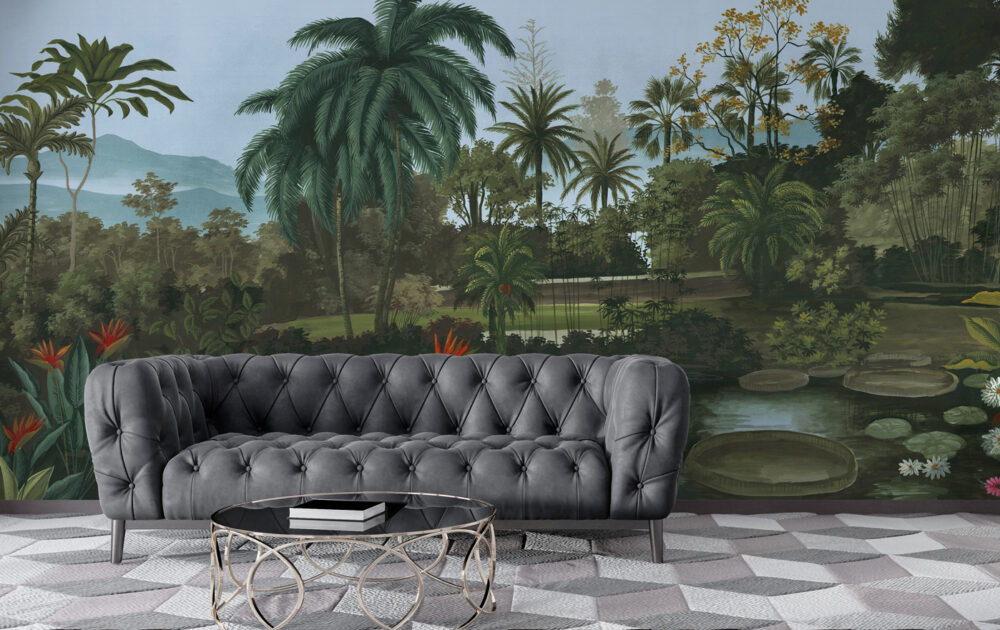 Tropical Lake Forest Wallpaper : Vintage Palm Jungle Mural - View 3