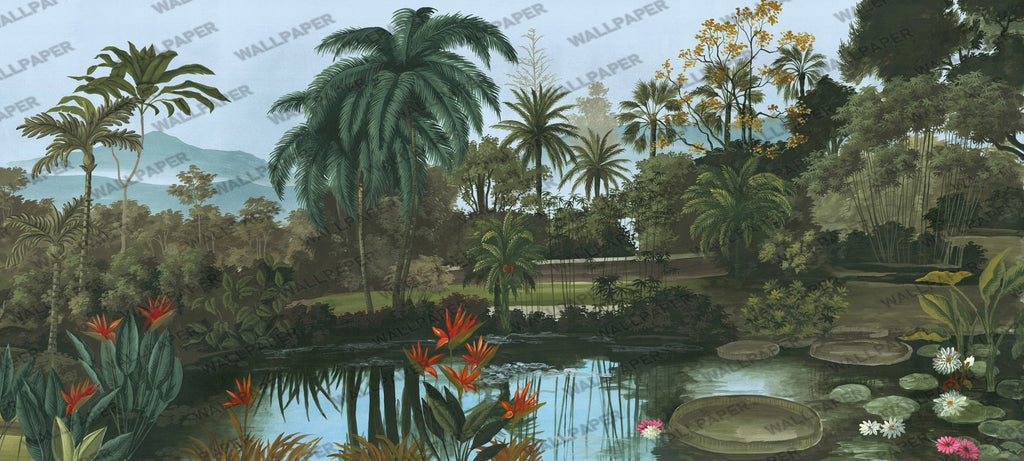 Tropical Lake Forest Wallpaper : Vintage Palm Jungle Mural - View 2