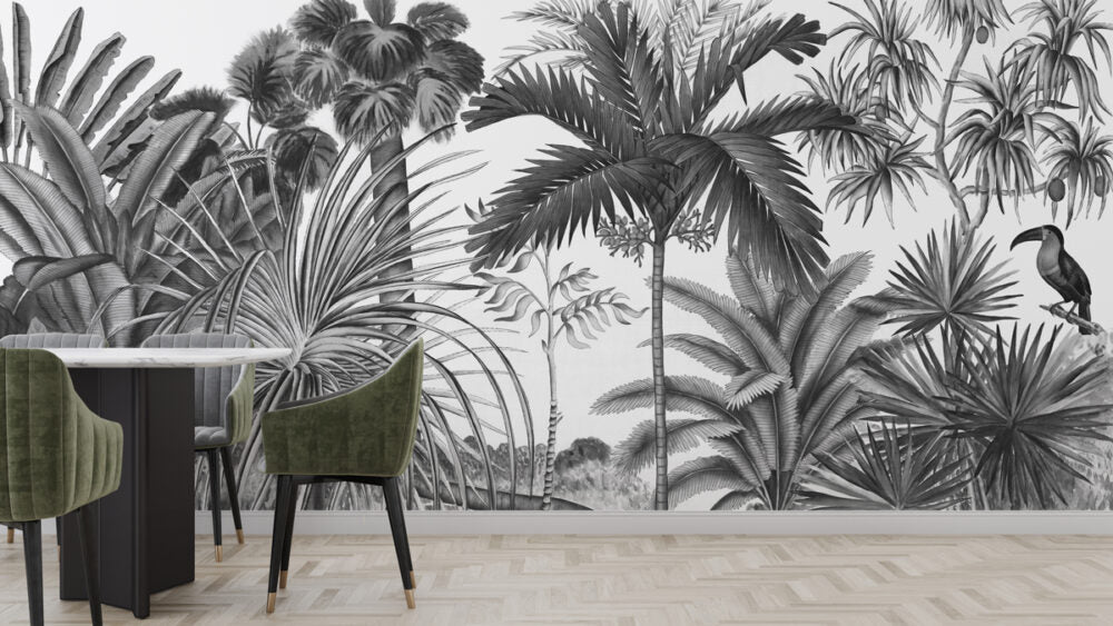 Black And White Tropical Wallpaper : Monochrome Leaf Bird Mural - View 3