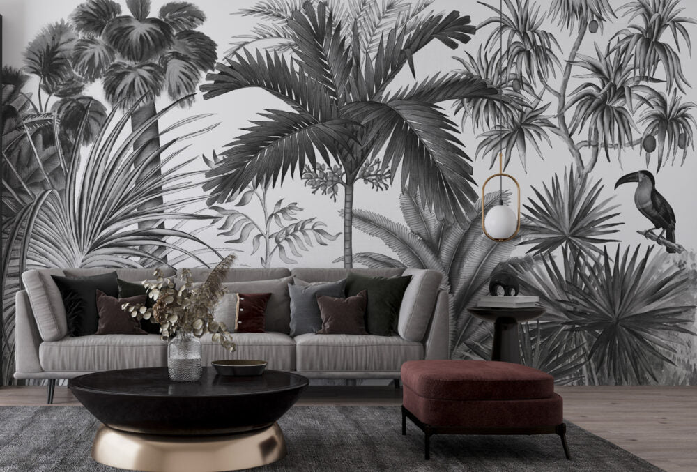 Black And White Tropical Wallpaper : Monochrome Leaf Bird Mural - View 4