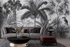 Black And White Tropical Wallpaper : Monochrome Leaf Bird Mural - View 4