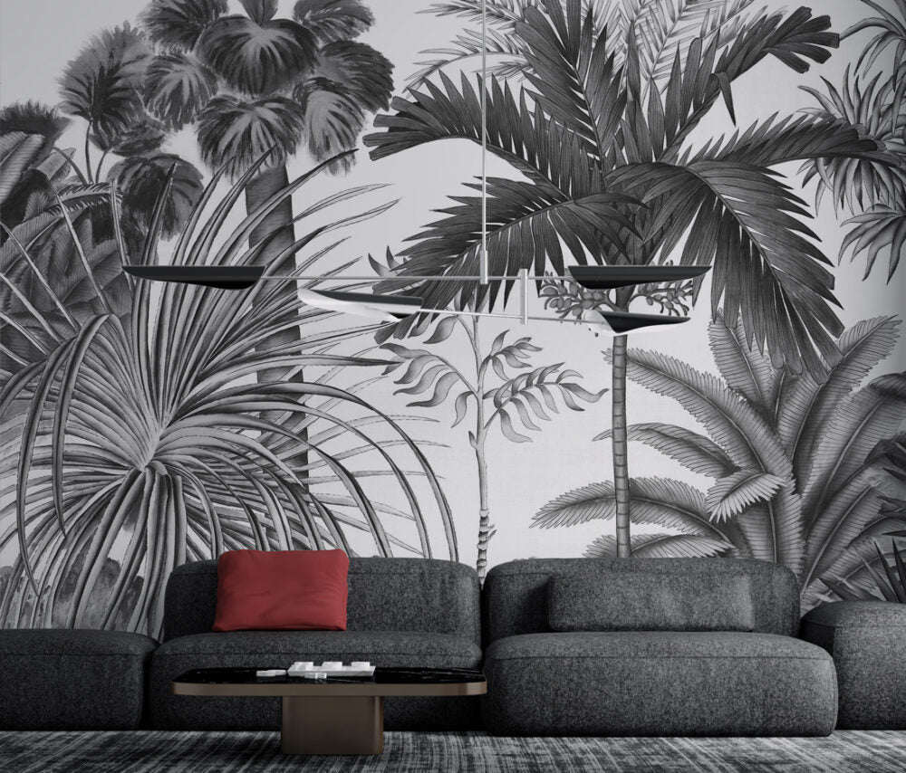 Black And White Tropical Wallpaper : Monochrome Leaf Bird Mural