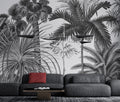 Black And White Tropical Wallpaper : Monochrome Leaf Bird Mural