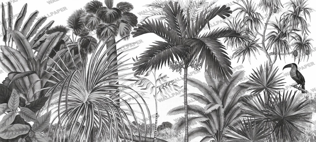 Black And White Tropical Wallpaper : Monochrome Leaf Bird Mural - View 2