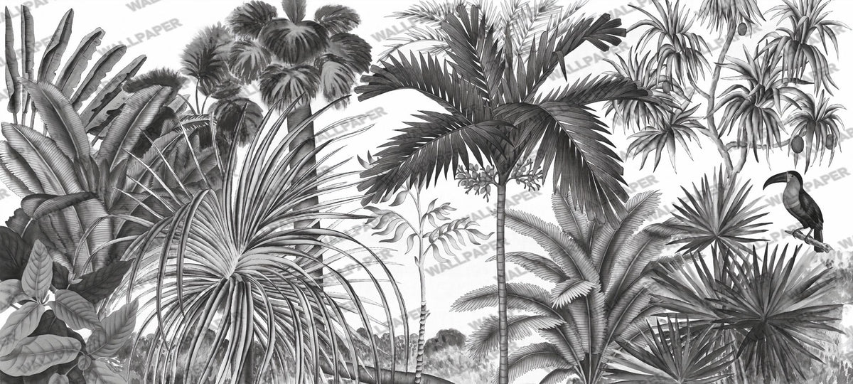 Black And White Tropical Wallpaper : Monochrome Leaf Bird Mural - View 2