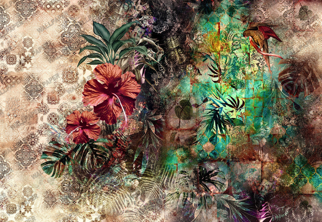 Tropical Mosaic Wallpaper : Dark Floral Leaf Collage Mural - flat design