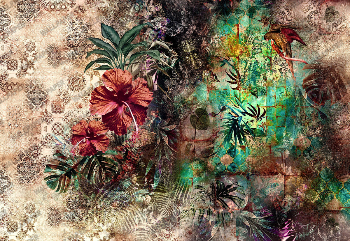 Tropical Mosaic Wallpaper : Dark Floral Leaf Collage Mural - flat design