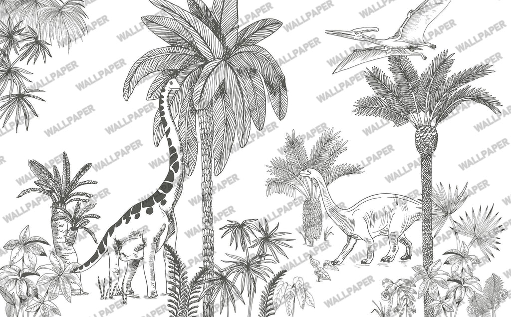 Sketched Dinosaur Wallpaper : Black And White Prehistoric Jungle Mural - flat design