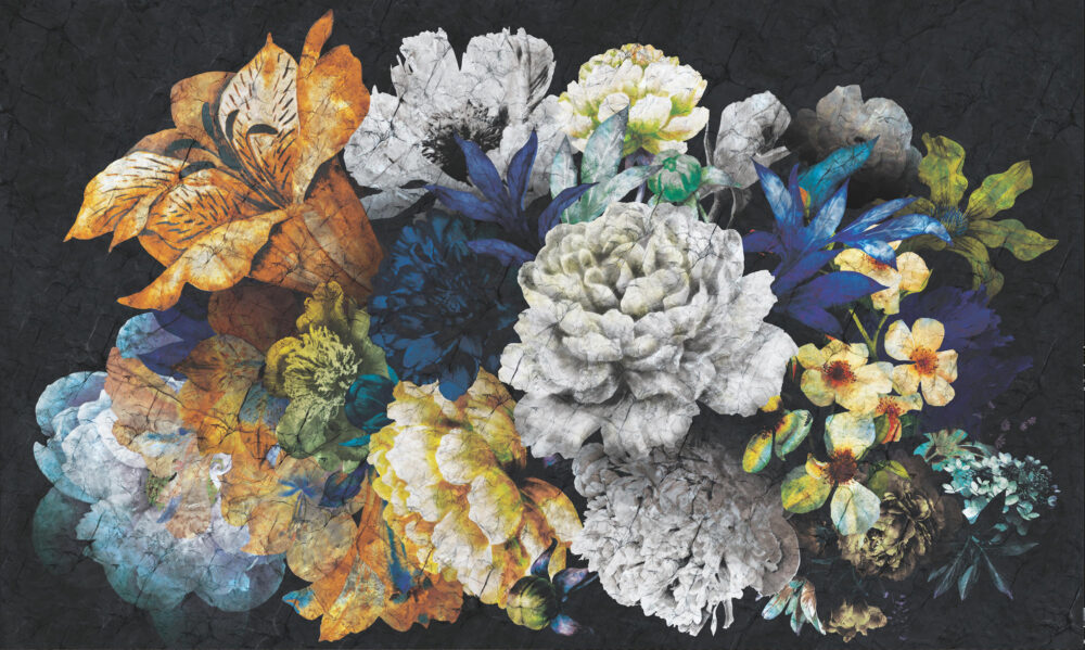 Dark Bouquet Wallpaper : Gold Navy Peony Flowers On Black Mural - flat design