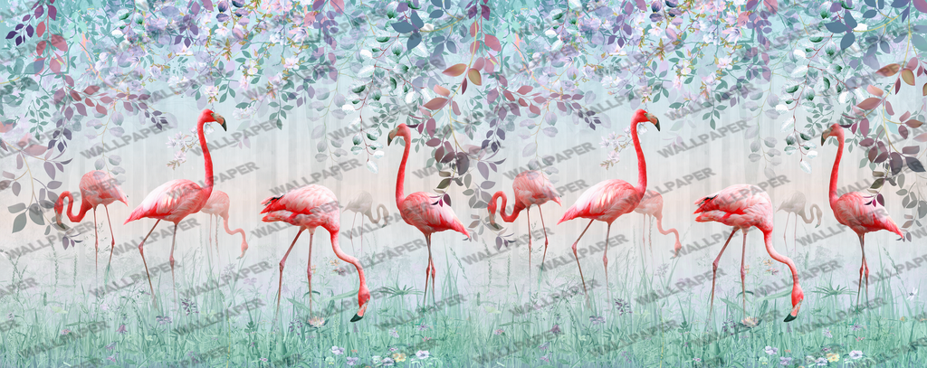 Flamingo Garden Wallpaper : Pink Birds Floral Meadow Mural - flat design