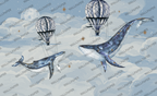 Flying Whale Wallpaper : Hot Air Balloon Sky Kids Mural - flat design