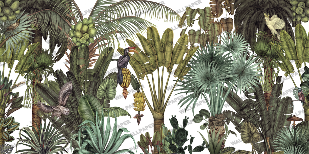 Jungle Canopy Wallpaper : Lush Tropical Birds Leaf Mural - flat design