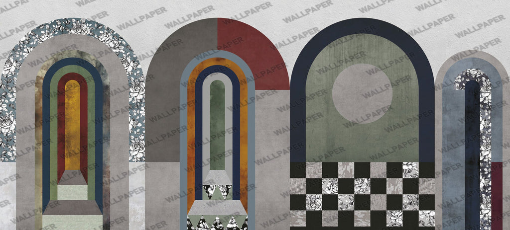 Retro Arch Wallpaper : Colorful Geometric Panels Mural - flat design