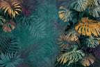 Teal Monstera Wallpaper : Dark Petrol Tropical Leaf Mural - flat design
