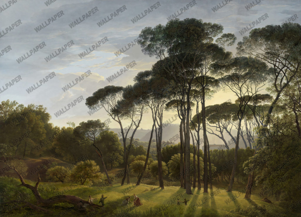 Classic Pine Landscape Wallpaper : Old Master Italian Trees Mural - flat design