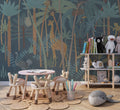 Dark Safari Forest Wallpaper : Teal Kids Giraffe Jungle Mural