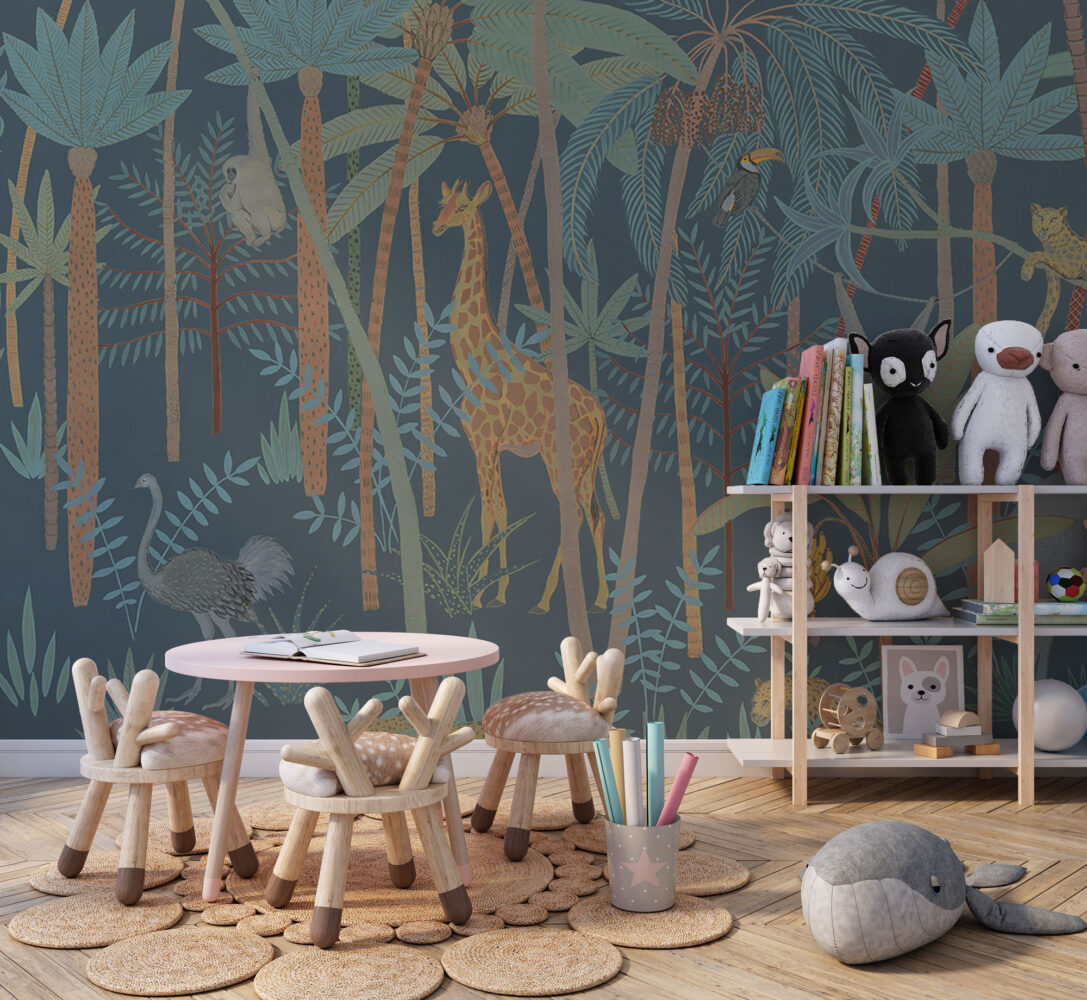 Dark Safari Forest Wallpaper : Teal Kids Giraffe Jungle Mural