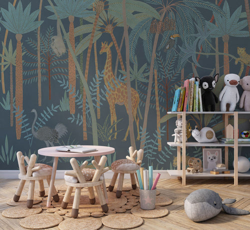 Dark Safari Forest Wallpaper : Teal Kids Giraffe Jungle Mural