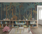 Dark Safari Forest Wallpaper : Teal Kids Giraffe Jungle Mural - View 3