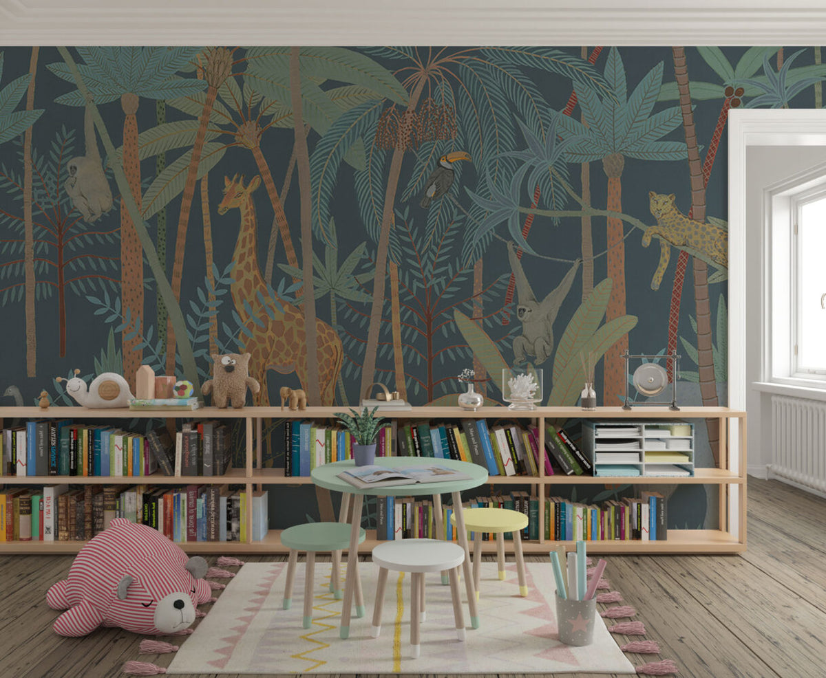 Dark Safari Forest Wallpaper : Teal Kids Giraffe Jungle Mural - View 3