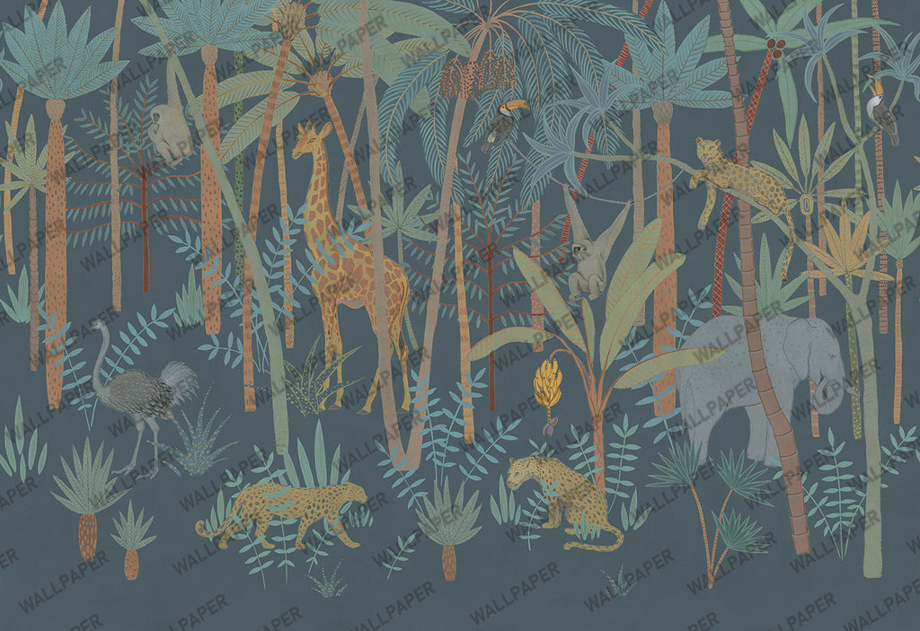 Dark Safari Forest Wallpaper : Teal Kids Giraffe Jungle Mural - flat design