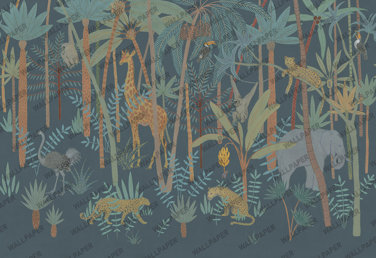 Dark Safari Forest Wallpaper : Teal Kids Giraffe Jungle Mural - flat design