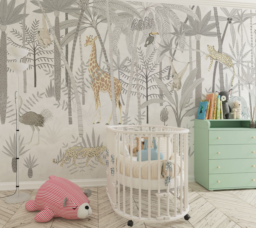 Grey Safari Forest Wallpaper : Neutral Kids Giraffe Tree Mural - View 2