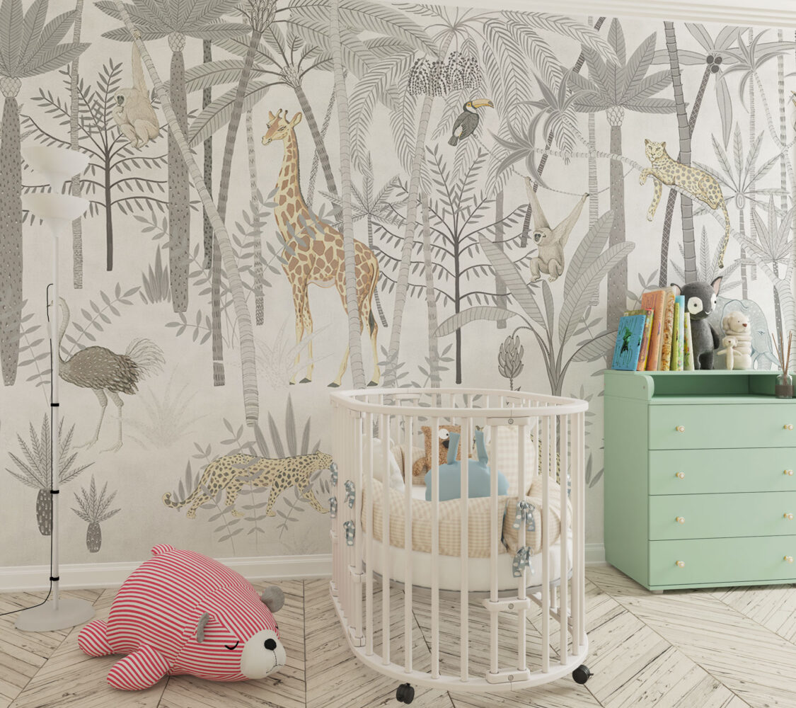 Grey Safari Forest Wallpaper : Neutral Kids Giraffe Tree Mural - View 2