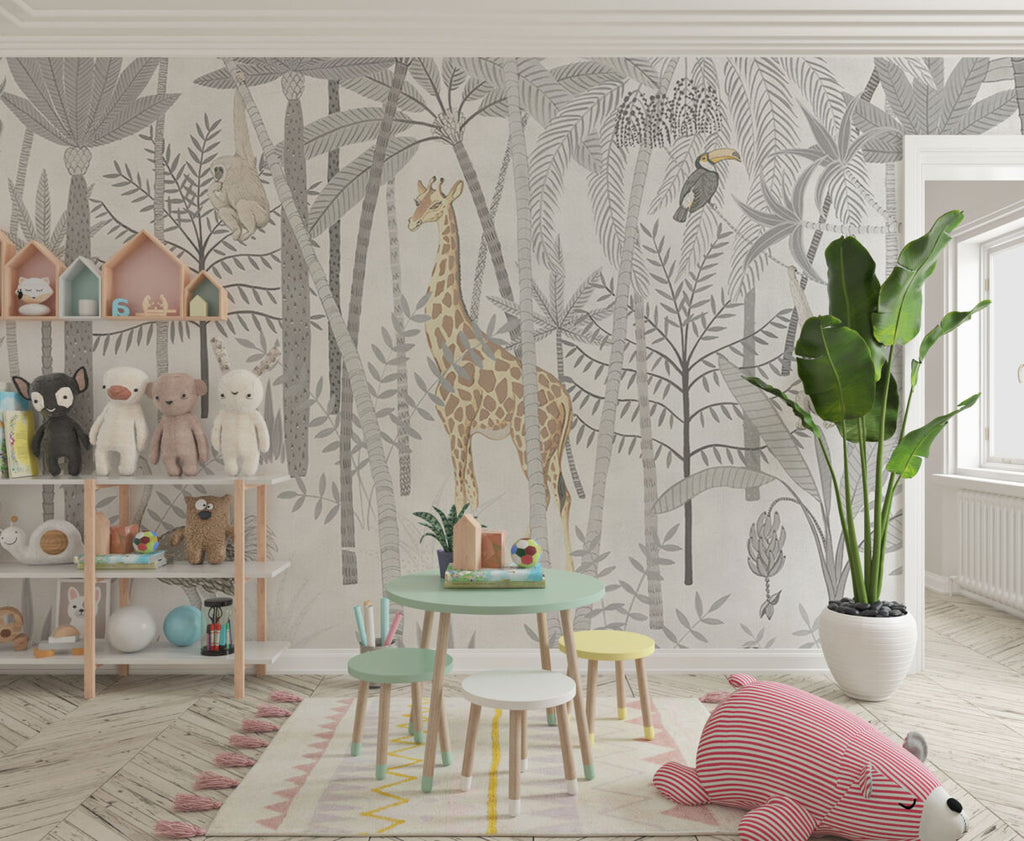 Grey Safari Forest Wallpaper : Neutral Kids Giraffe Tree Mural