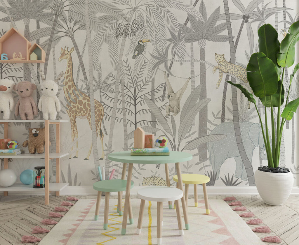 Grey Safari Forest Wallpaper : Neutral Kids Giraffe Tree Mural - View 3