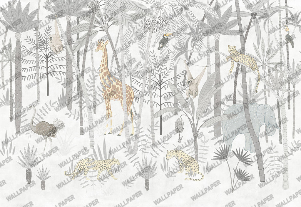 Grey Safari Forest Wallpaper : Neutral Kids Giraffe Tree Mural - flat design